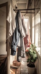 Naklejka premium Clothing hangs inside a sunlit, rustic space; a potted plant sits nearby