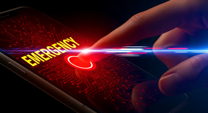 Close-up of a finger pressing a glowing emergency button on a smartphone screen. The digital interface features circuit patterns and high-tech red light. Mobile safety and SOS call concept.