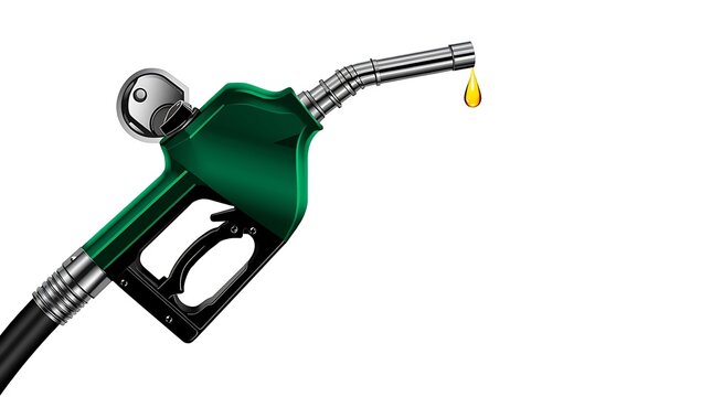 Green Fuel Nozzle with Dripping Gasoline Isolated on White.