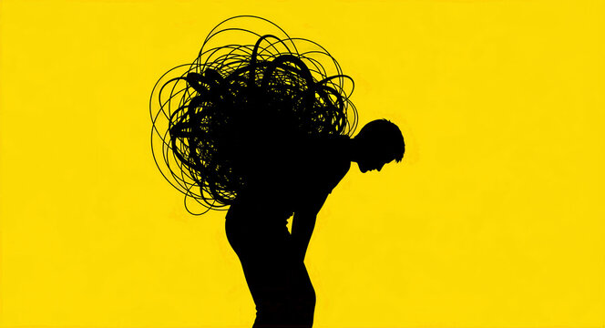 Silhouette of a man hunched under a heavy tangled mess on his back. Dark conceptual figure carries a chaotic burden against a yellow background. Mental health and stress management concept.