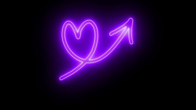 Neon purple heart arrow sign glowing on black background, romantic love symbol animation for valentine&rsquo;s day and social media