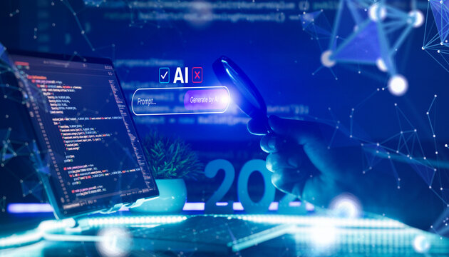 AI prompt engineering and fact-checking concept. Hand holding magnifying glass over Generate by AI interface, programming code background, 2026.
