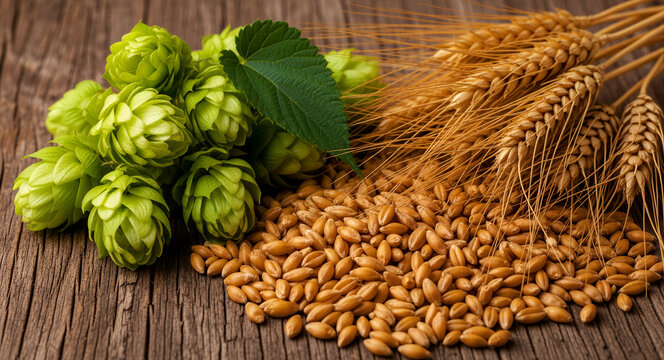 Fresh green hops and ears of wheat on a rustic wooden surface. Malt grains scattered among the organic beer brewing ingredients. Ideal for craft brewery marketing and beverage branding.
