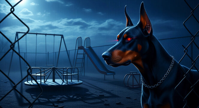 Doberman Pinscher with glowing red eyes guarding a dark playground. Eerie moonlit scene with a chain-link fence and empty park equipment. Horror theme ideal for spooky thrillers and suspense.