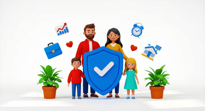3D family standing behind a blue security shield. Finance, home, and health icons surround the parents and children. Insurance concept for family protection and financial security ads.