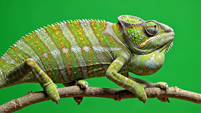 Close-up of a Vibrant Green Chameleon Perched on a Branch Against a Solid Green Background