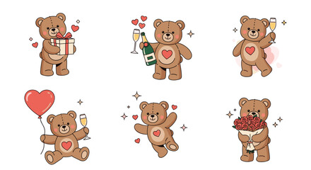 Fototapeta premium Adorable set of six teddy bear illustrations celebrating love and romance with gifts, champagne, and heart balloons.