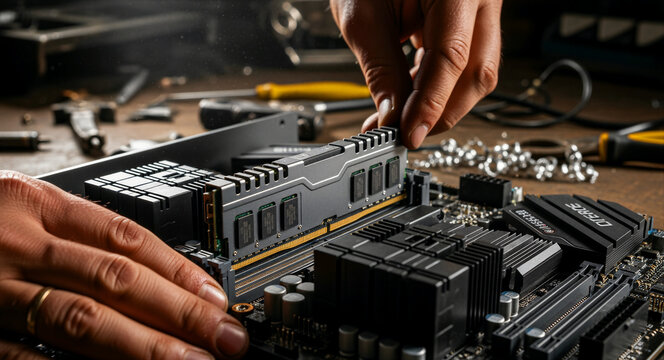 Man's hands installing a high-performance RAM module into a computer motherboard. Close-up of technician assembling a custom PC. Hardware upgrade concept for IT services and DIY tech marketing.