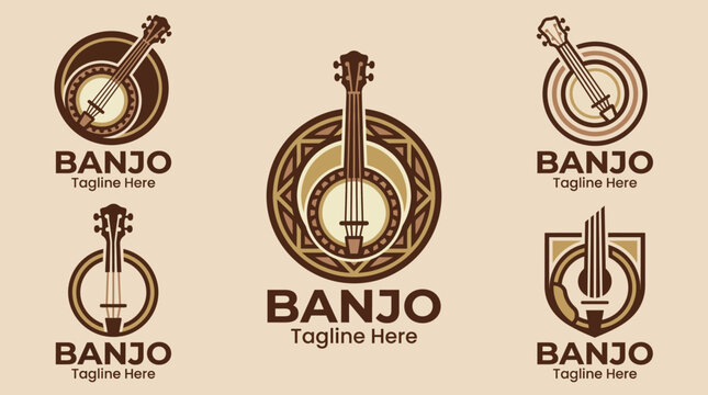 This image features five innovative banjo logos that encapsulate musical heritage, creativity, and cultural significance associated with traditional and modern folk music.