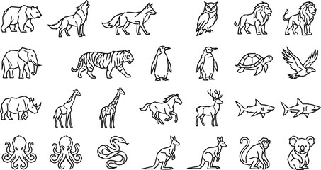 Obraz premium Black and white line art animals collection vector