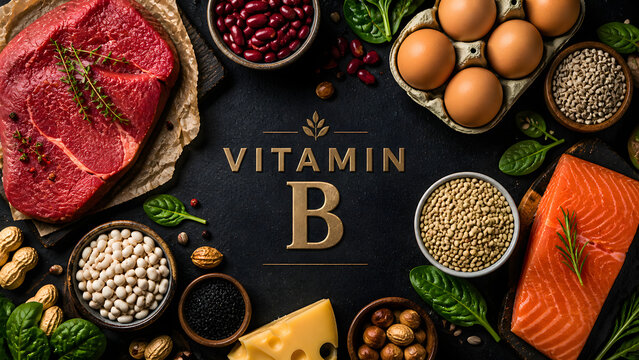 Professional Vitamin B food sources: High-contrast arrangement on dark stone background.