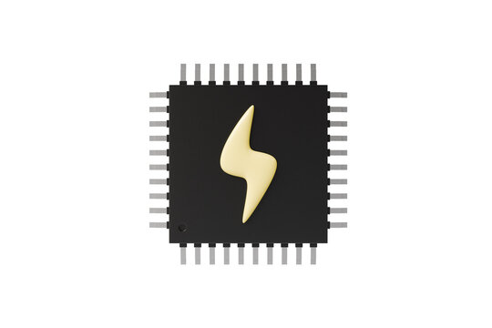 3d power semiconductor chip icon. AI hardware voltage meter concept. minimal cartoon processor with lightning bolt energy bars and silver pins. isolated on white transparent background. 3d render.