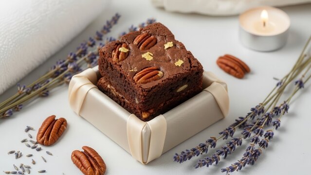 Gourmet chocolate brownie with pecans and gold leaf decoration
