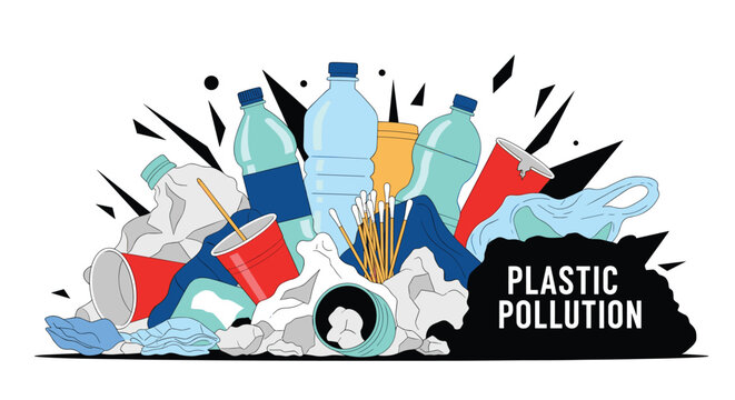 Large heap of plastic waste containing bottles and cups highlighting the global environmental issue of plastic pollution in nature.