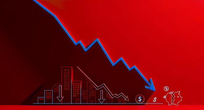 Large blue arrow pointing down over a city skyline and broken piggy bank. Graphic illustration of a stock market crash on a red background. Economic recession and financial crisis concept.