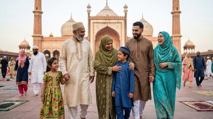 Obraz premium Family walking together in front of historic mosque architecture