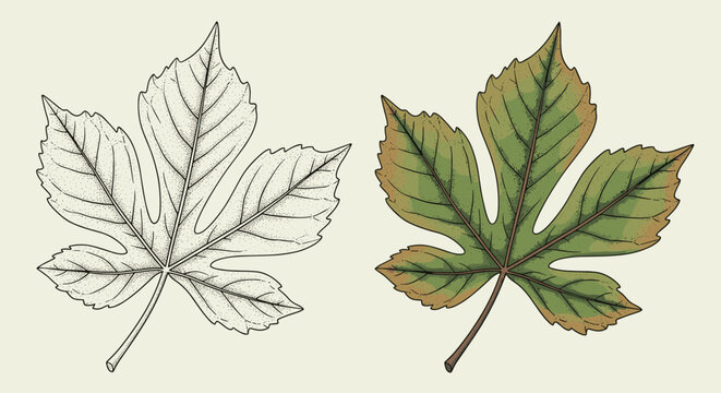 Large chestnut tree leaves presented as a black and white detailed drawing and a realistic green and brown version.