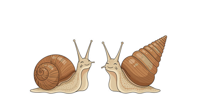 Pair of cute and happy snail characters with different brown shells and friendly faces looking at each other.