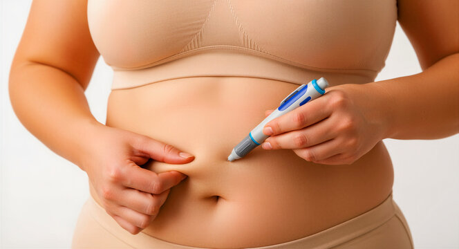 Woman injecting medication into her abdomen using medical pen. Patient performing subcutaneous injection for weight loss or diabetes. Healthcare concept for medical articles and wellness campaigns.