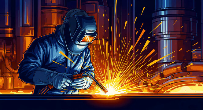 Professional welder working in an industrial factory setting. Skilled laborer wearing a mask creates bright sparks while welding. Heavy industry manufacturing concept for construction and trade.