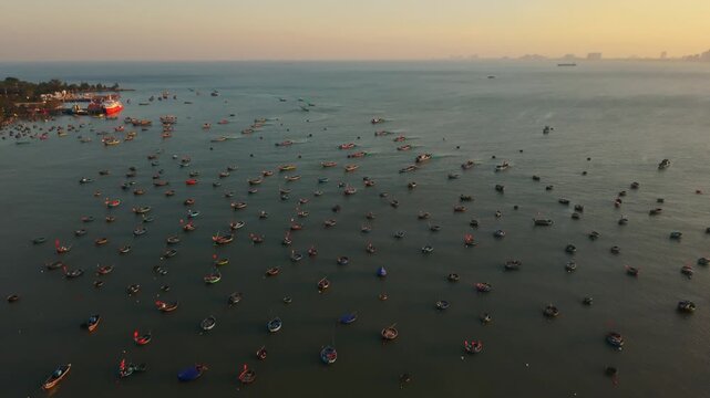 Vietnam, Da Nang Colorful Evening Cloaks Busy Port. Evening Glow Bathes Lively Harbor Filled With Fishing Ships. Vivid Sunset Casts Radiant Colors Over Active Port Filled With Numerous