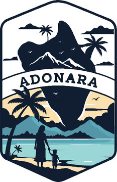 Adonara Island Travel Illustration Featuring Mother and Child Near Shoreline.