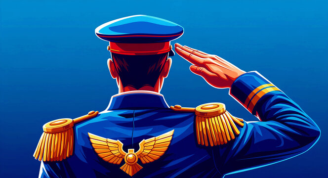 Military officer in blue uniform saluting against a solid background. Back view shows gold epaulettes and a winged emblem. Patriotic concept ideal for Veterans Day and honoring military service.