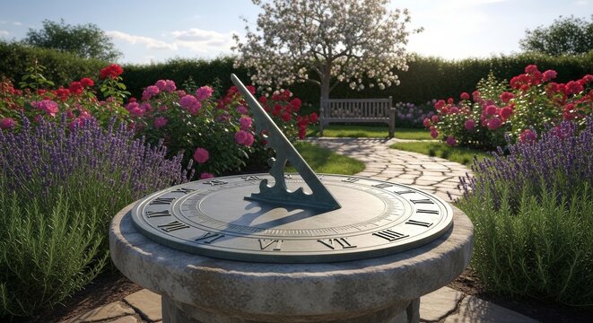 A Vintage Sundial in a Blooming Garden