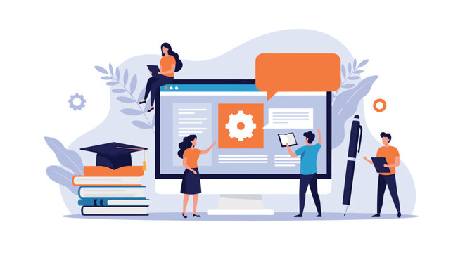 Team of people collaborating to manage and create online educational content around a large computer screen with school icons.