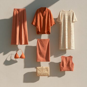 Fashion editorial featuring terracotta clothing items including pants, shirt, dress, skirt, bikini, and bag arranged on a neutral background with soft shadows
