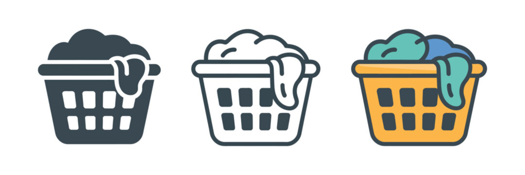 Home cleaning icons with flat solid monochrome thin outline black and white and full color variations featuring laundry basket with clothes minimal vector illustration
