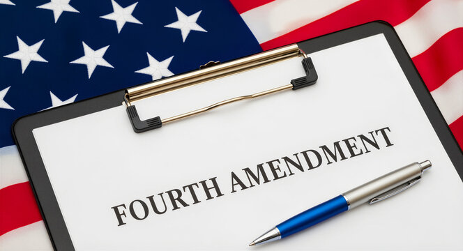 Fourth Amendment text on a clipboard with a pen. Document resting on a United States flag backdrop. Civil rights and privacy law concept, ideal for legal and constitutional education content.