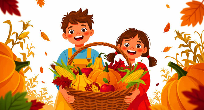 Happy children holding a basket filled with autumn harvest vegetables. Cartoon boy and girl smiling with pumpkins and corn. Fall season and Thanksgiving concept for festive marketing and education.