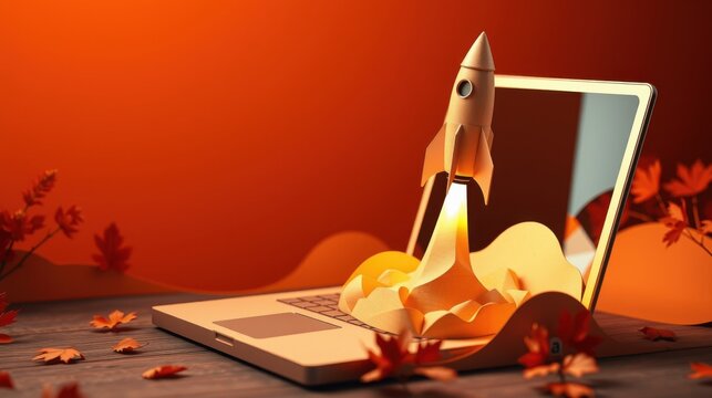 Paper rocket launches from laptop screen. Autumn leaves surround device. Warm tones dominate composition, suggesting growth, innovation.