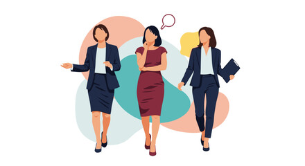 Obraz premium Team of three professional businesswomen in smart suits walking forward with confidence and determination for career success.