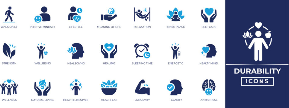 Durability icon set of ageing, clarity, healing, living, maturity, balance, health, meditation and more. solid icons collection.