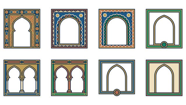 Traditional Islamic arched window frames vector set with geometric patterns for Ramadan decor.