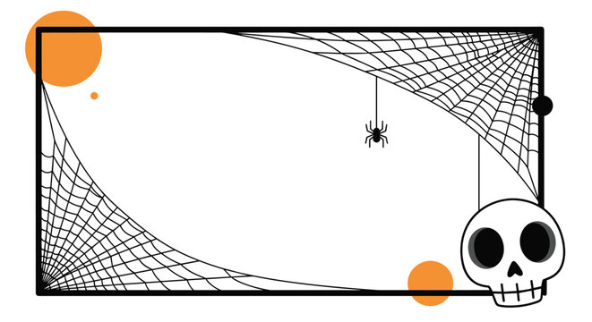 Spooky Halloween themed rectangular border frame featuring spiderwebs, a hanging spider, a skull, and orange circular accents.