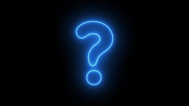 Glowing neon question mark sign pulsing on black background, abstract digital concept for faq and problem solving