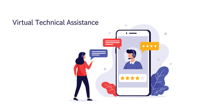 Customer receiving virtual technical assistance from a support agent through a mobile chat interface on a smartphone screen.