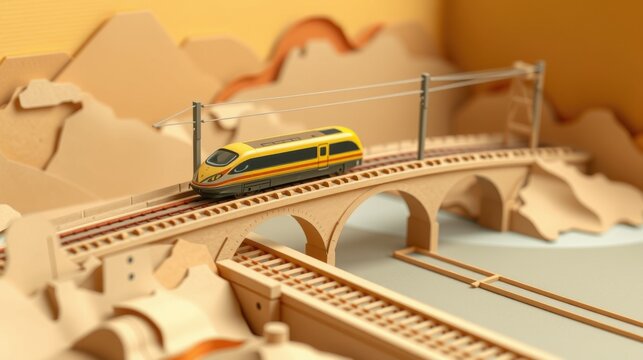 Miniature train travels over wooden bridge. Landscape backdrop suggests mountains, river. Warm tones dominate composition.