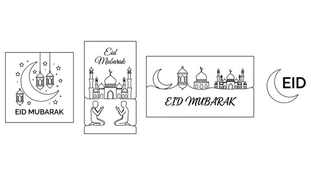 Eid mubarak calligraphy line art with mosque moon lanterns and praying people.