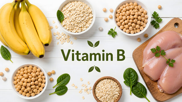 Top view of 'Vitamin B' text with bananas, oats, and chickpeas on white wood.
