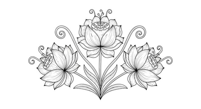 Ornate and detailed line art drawing of three beautiful lotus flowers with decorative stems and swirls in a symmetrical floral design.