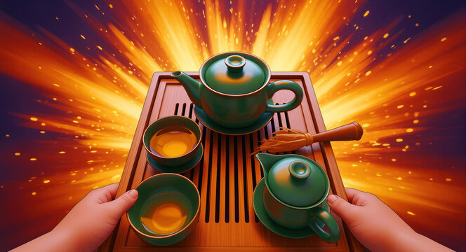 Hands holding a green ceramic tea set on a wooden tray. Traditional teapot and cups arranged against a glowing burst of light. Zen ritual concept for wellness and cultural lifestyle marketing.