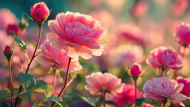 Pink  spring rose flower field with bright vibrant tones, blooming meadow under sunlight creates a fresh, lively and cheerful natural landscape