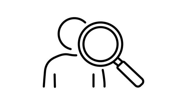Professional recruitment magnifying glass vector icon for hiring search, featuring an editable stroke with adjustable line weight for minimalist corporate business layouts and mobile app icons.