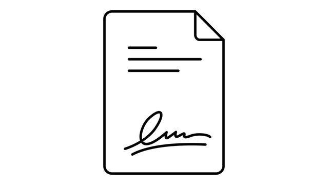 Minimalist black line vector icon of a resume document with a signature mark on white background, professional career application illustration with an editable stroke for customized line weight.