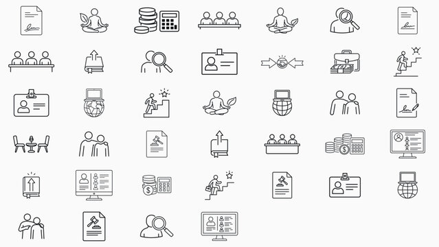 Modern professional human resources and business management combined vector icon set with 39 minimalist thin line icons featuring editable stroke for recruitment, payroll, mentorship, and career