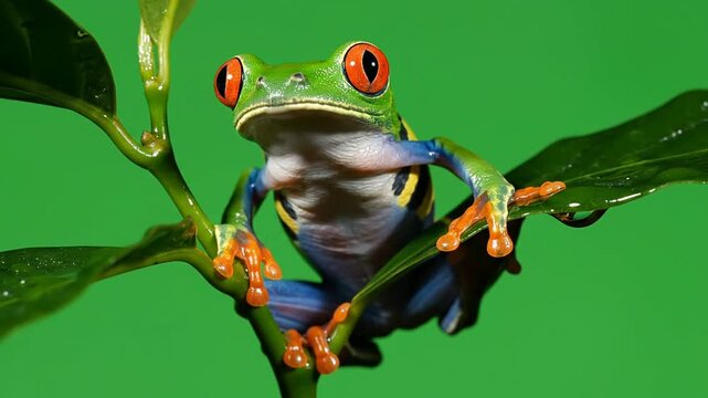 Close-Up of a Vibrant Green Tree Frog with Striking Orange Eyes Perched on a Leaf Against a Bright Green Background